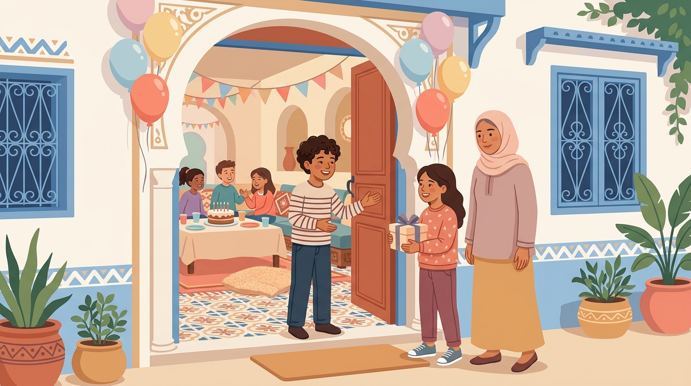 À la porte de la maison décorée de ballons, Leo accueille Yasmine qui tient un cadeau, avec sa maman